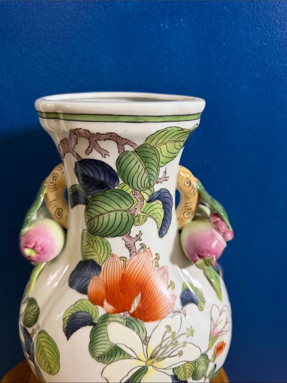 Vintage Andrea by Sadek Chinoiserie Ceramic Vase with Pomegranate Handles